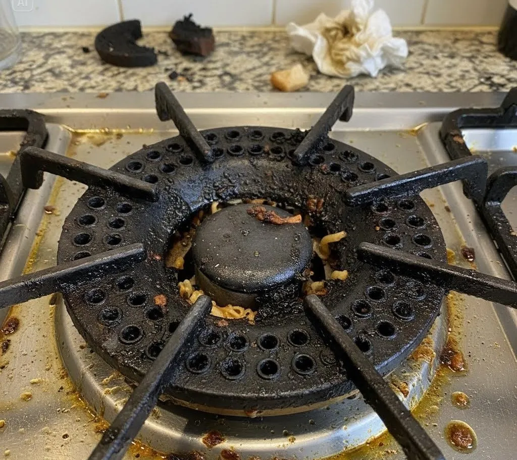 راهنمای کامل افزایش شعله اجاق گاز؛ علت یابی و رفع افت فشار گاز در خانه 23 گرفتگی منافذ مشعل اجاق گاز با چربی و خردههای غذا